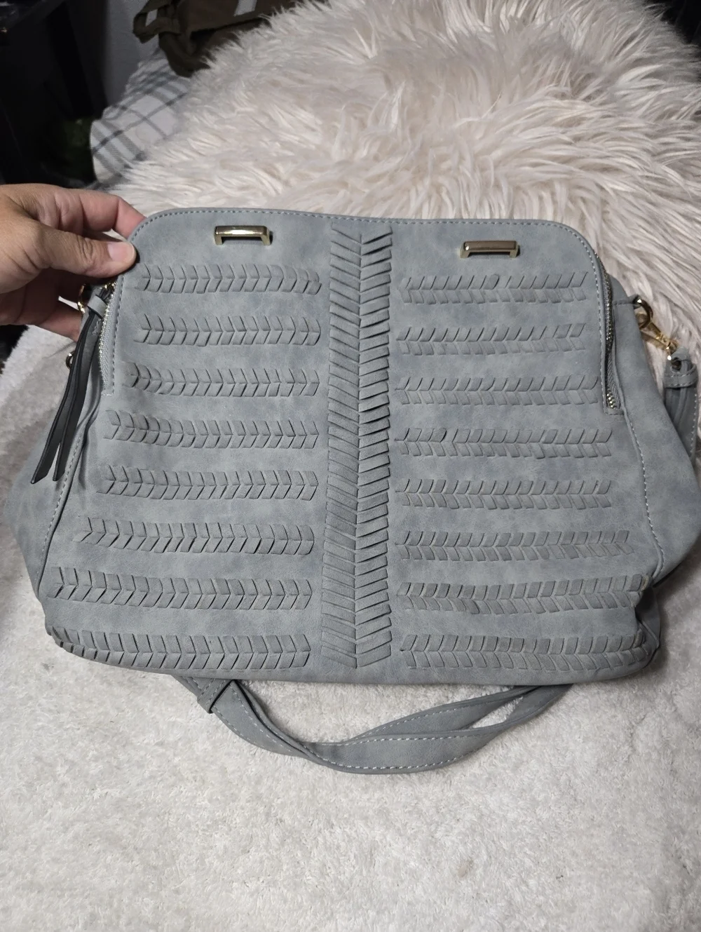 Grey Blue Faux Suede Braided Boho Convertible Crossbody Handbag Detachable Strap